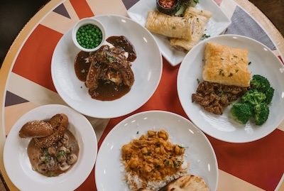 Multiple plates of British cuisine